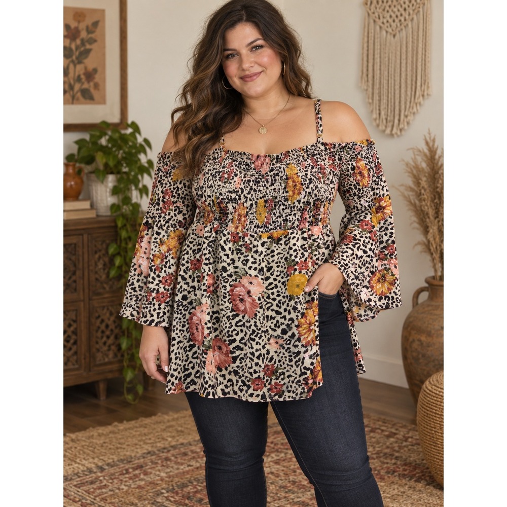Torrid Floral Leopard Off-Shoulder Tunic Women Size 2 Multicolor Boho Smocked